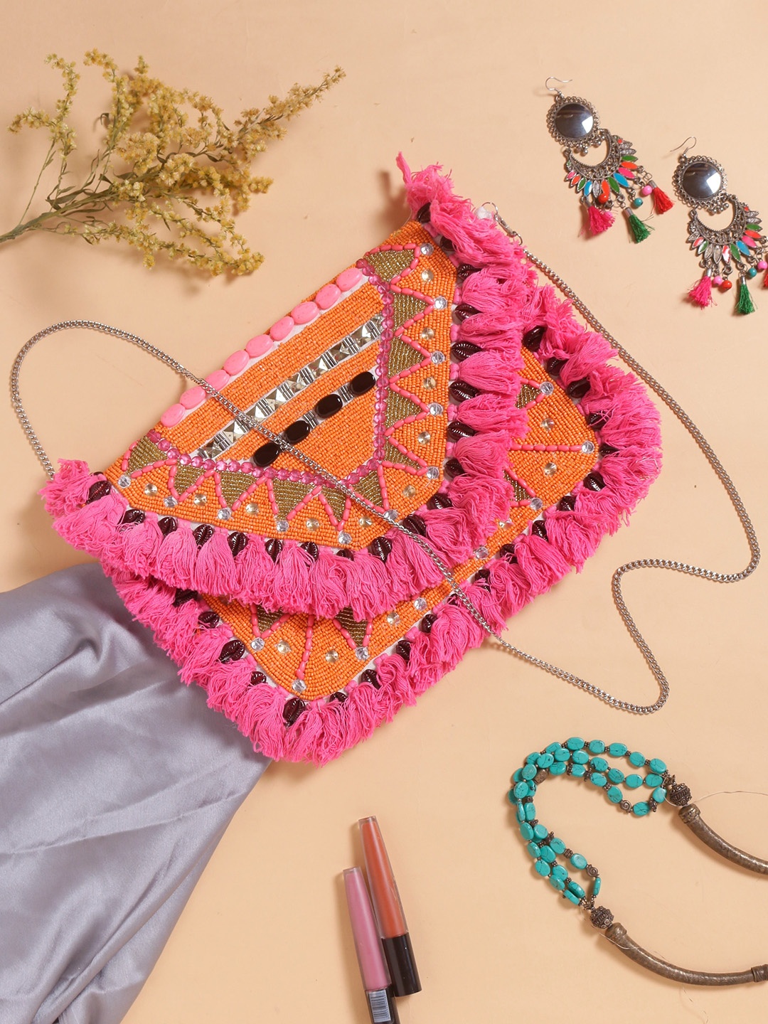 

Swisni Embellished Fringed Detail Foldover Clutch, Orange