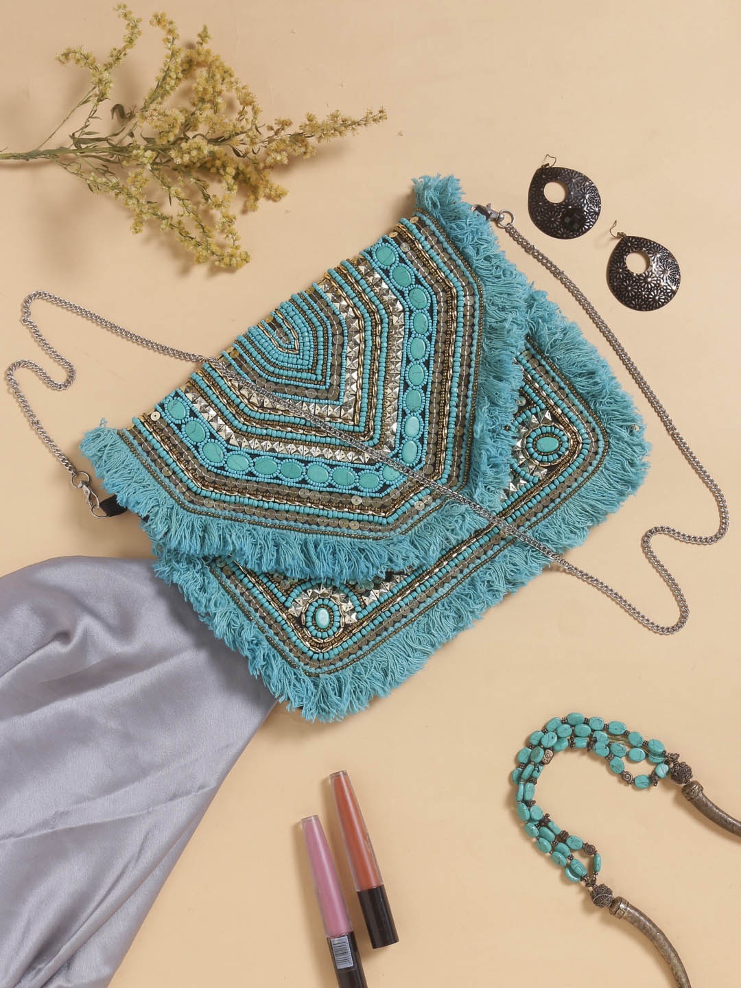 

Swisni Ethnic Motifs Embellished Structured Sling Bag, Blue