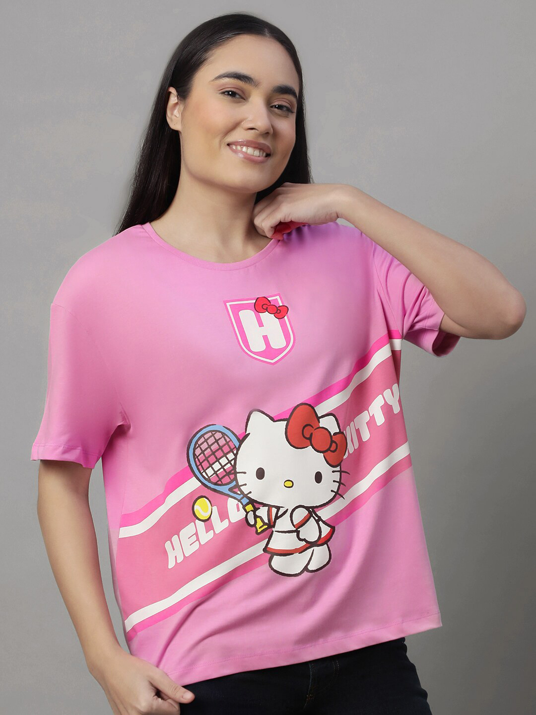 

Free Authority Hello Kitty Printed Drop-Shoulder Sleeves Pure Cotton Oversized T-shirt, Pink