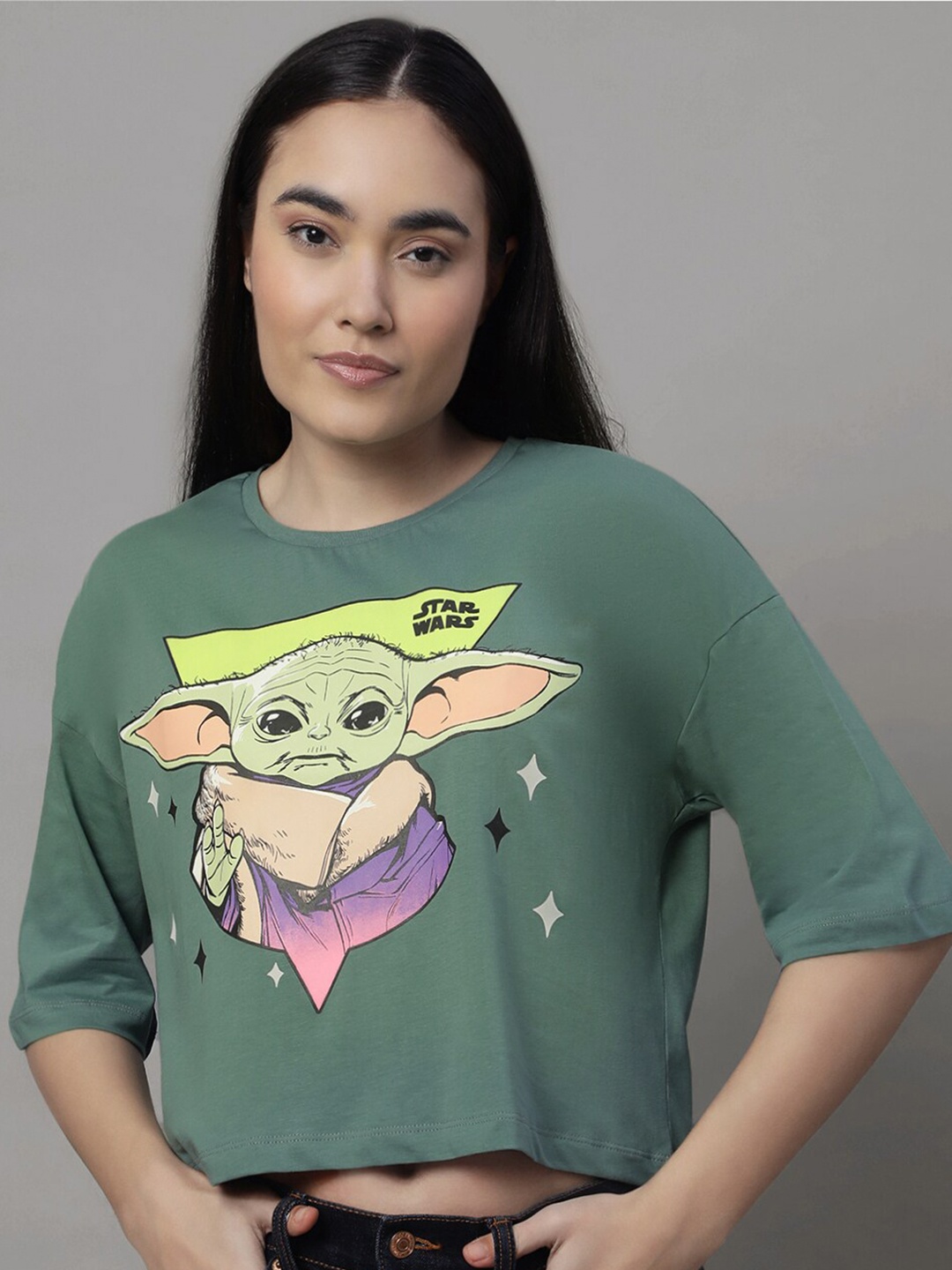 

Free Authority Star Wars Printed Drop-Shoulder Sleeves Pure Cotton Oversized Crop T-shirt, Green