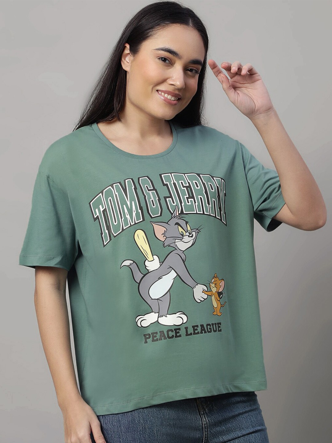 

Free Authority Tom Jerry Printed Drop-Shoulder Sleeves Pure Cotton Oversized Crop T-shirt, Green