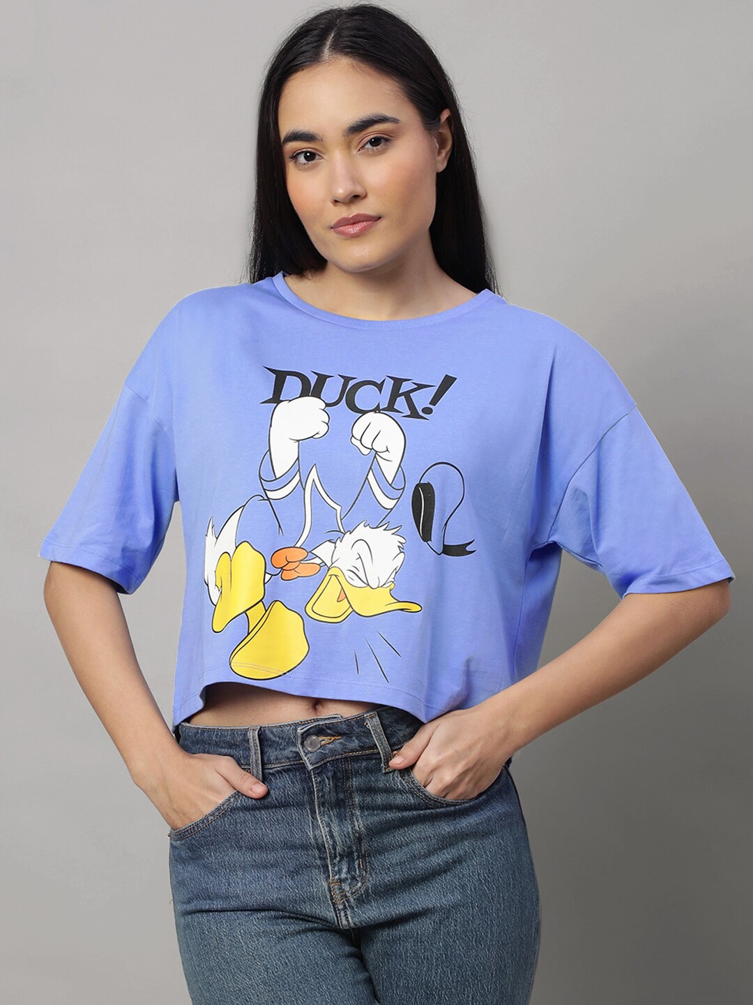 

Free Authority Women Donald Duck Printed Drop-Shoulder Sleeves Pure Cotton T-shirt, Blue