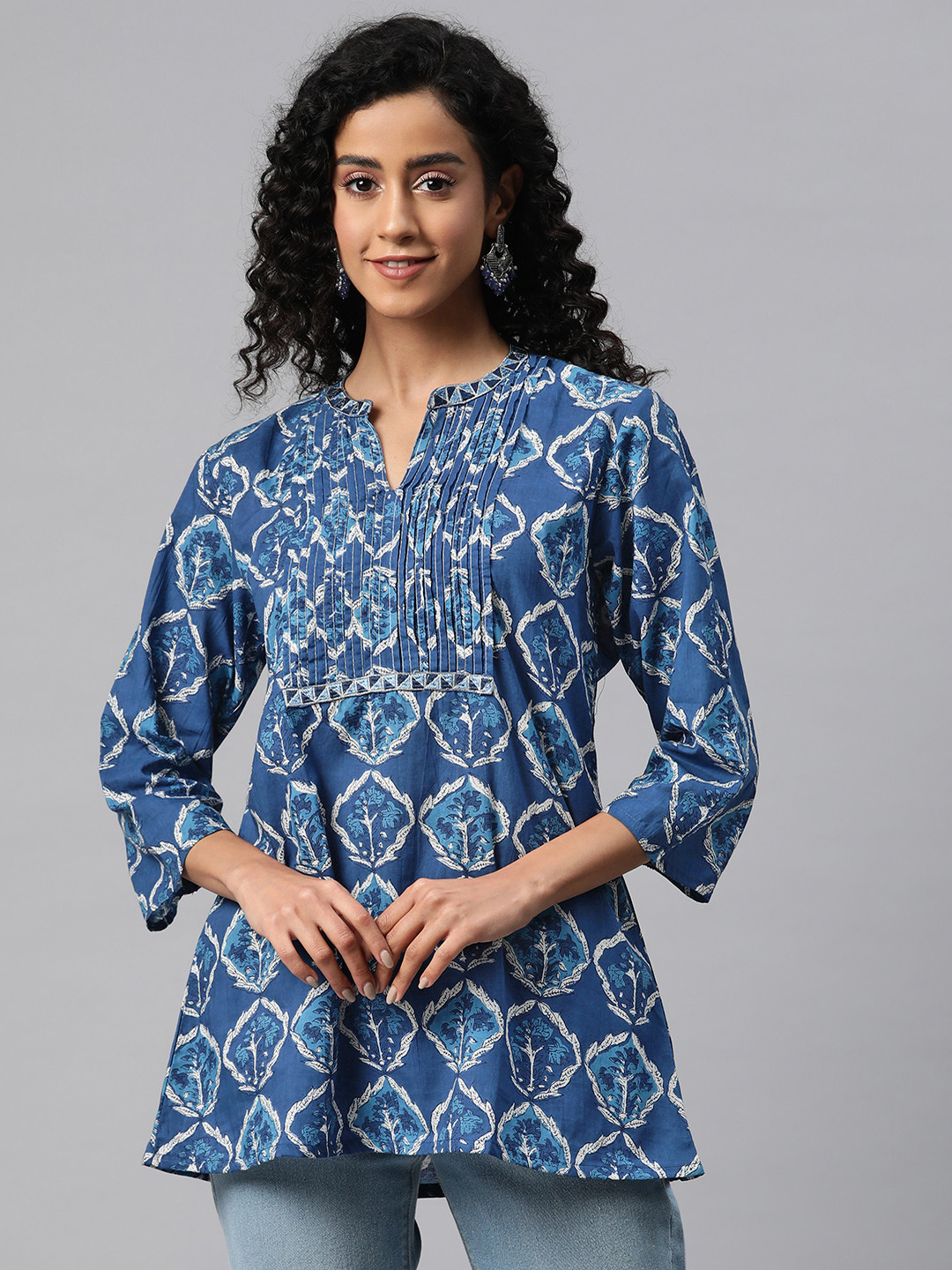

Readiprint Fashions Floral Print Mandarin Collar Cotton Longline Ethnic Top, Blue