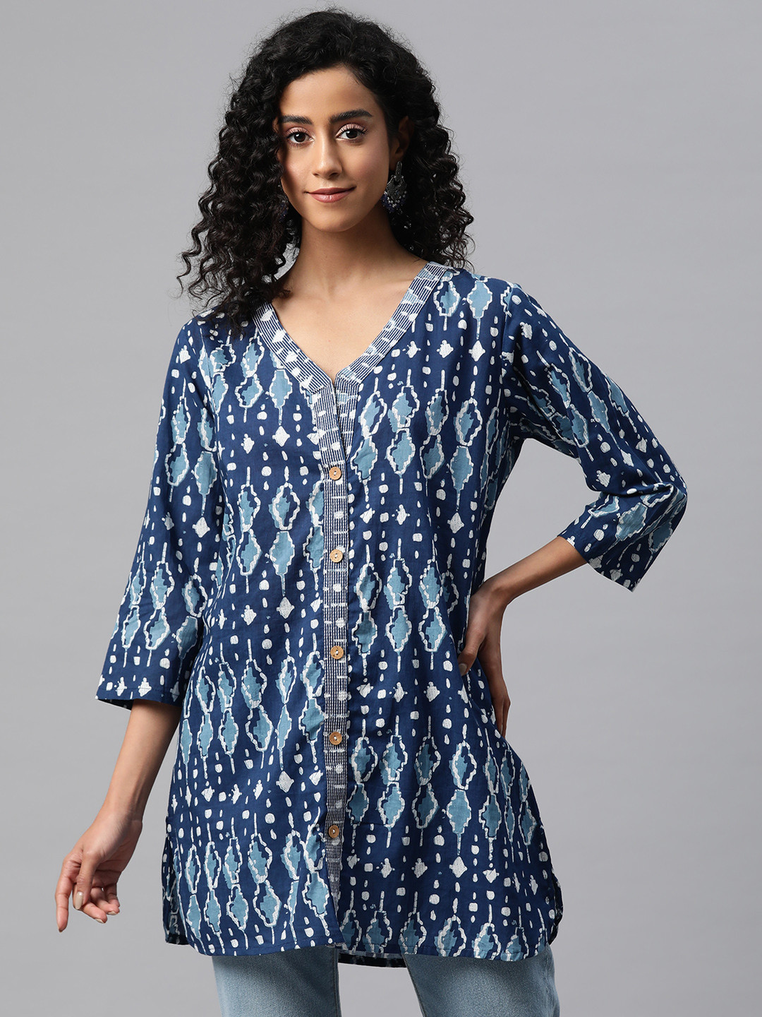 

Readiprint Fashions Print Cotton Longline Ethnic Top, Blue