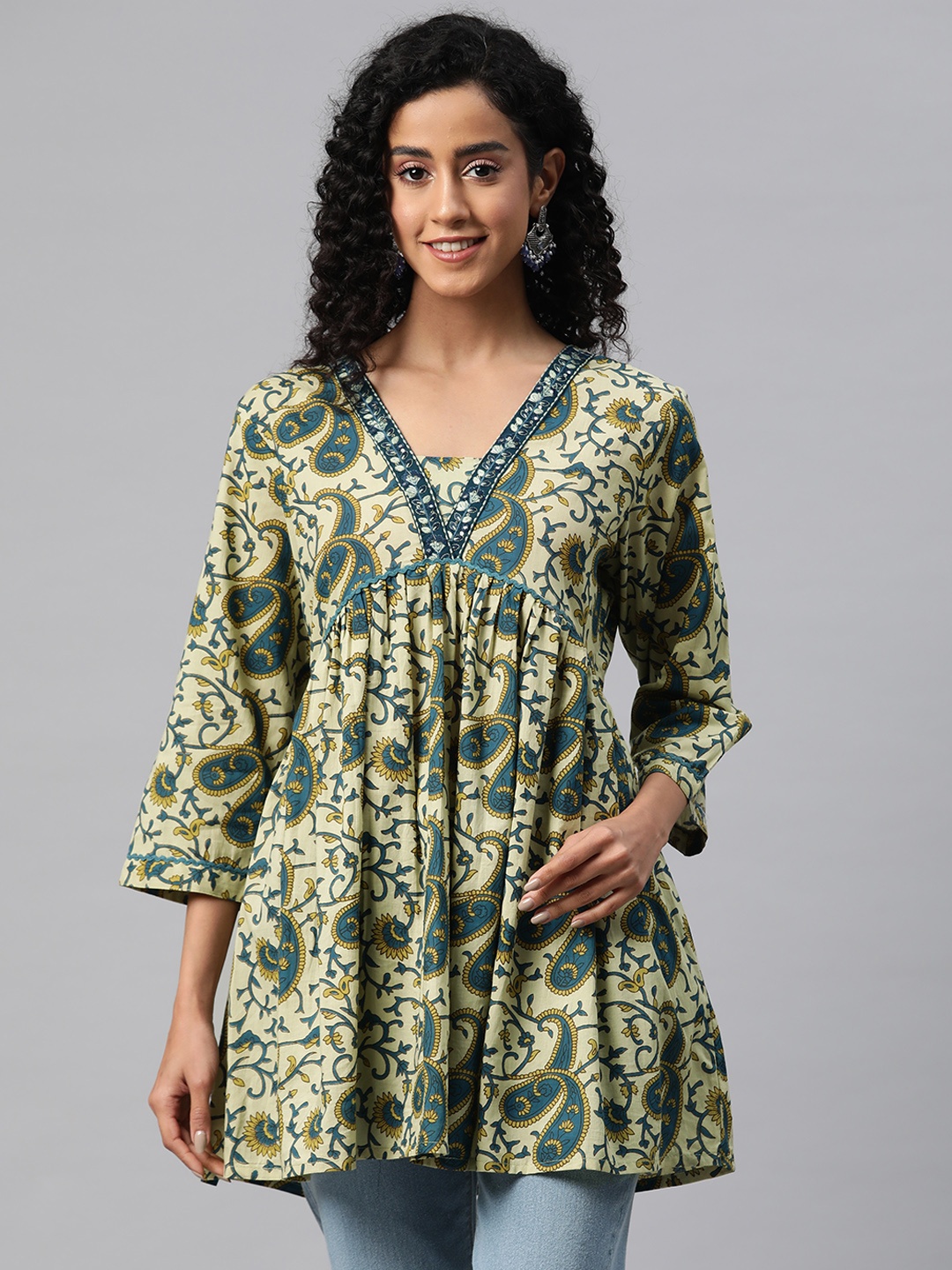 

Readiprint Fashions Print Cotton Peplum Longline Ethnic Top, Green