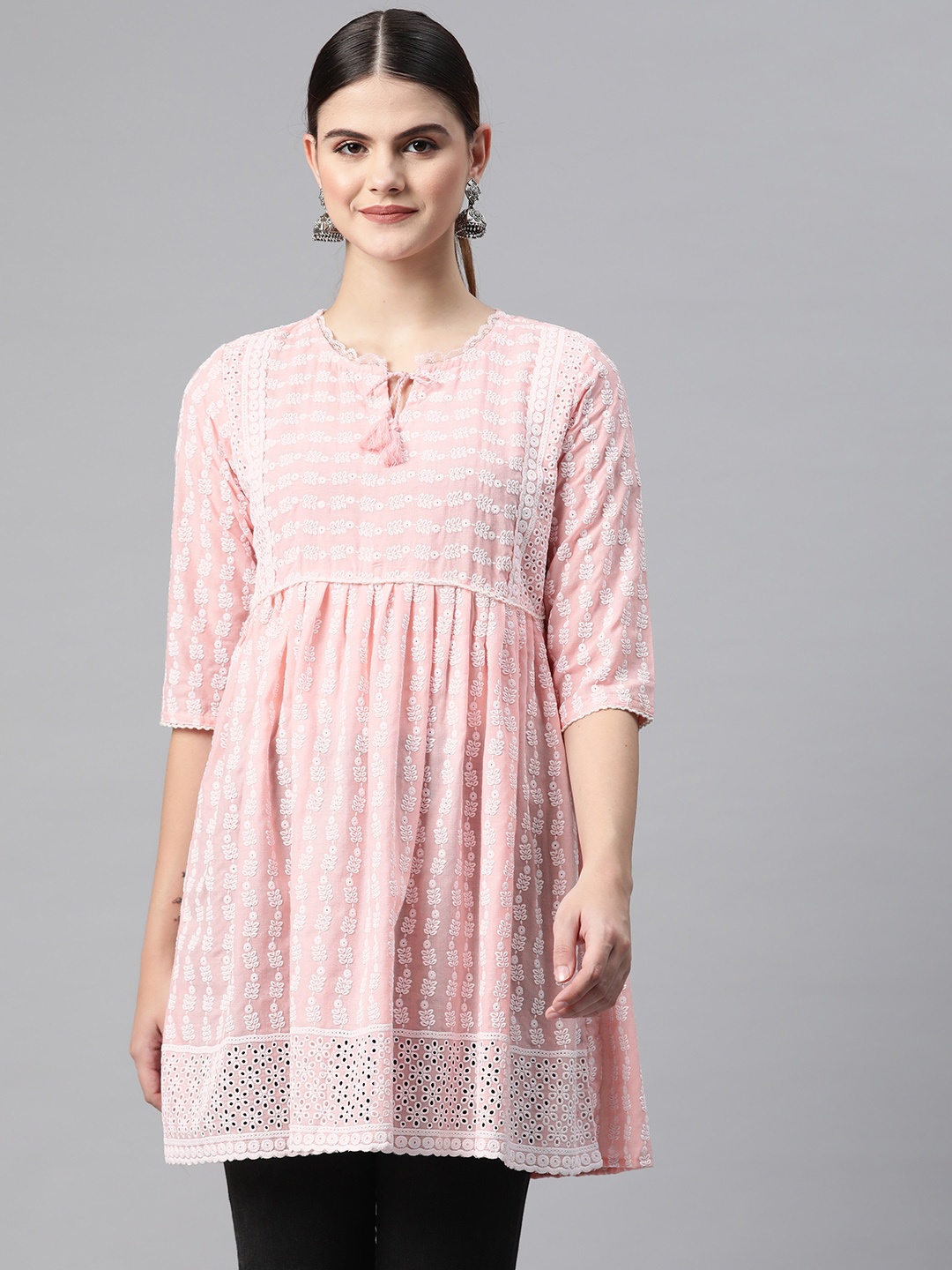 

Readiprint Fashions Floral Embroidered Tie-Up Neck Cotton Peplum Longline Ethnic Top, Pink