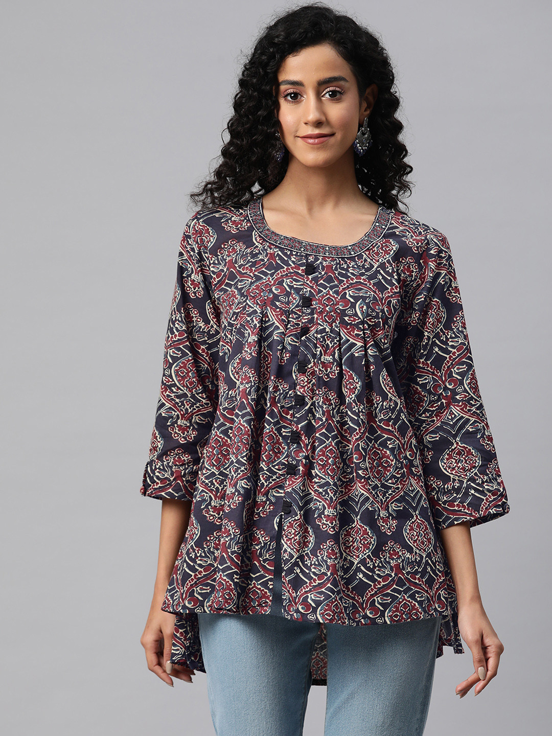 

Readiprint Fashions Print Cotton Peplum Longline Ethnic Top, Navy blue
