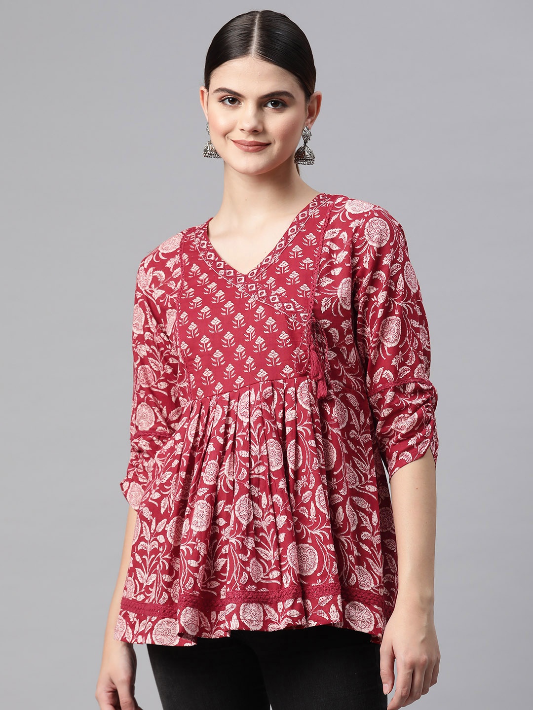 

Readiprint Print Cotton Peplum Longline Ethnic Top, Red