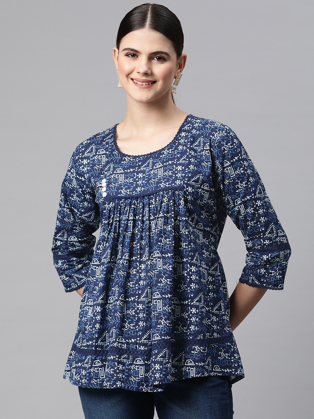 

Readiprint Fashions Printed Cotton Peplum Longline Ethnic Top, Blue