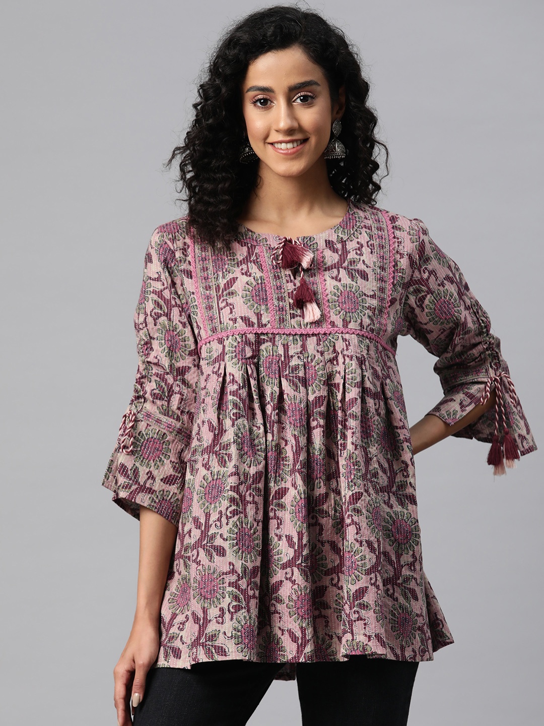

Readiprint Fashions Printed Tie-Up Neck Cotton Peplum Longline Ethnic Top, Maroon