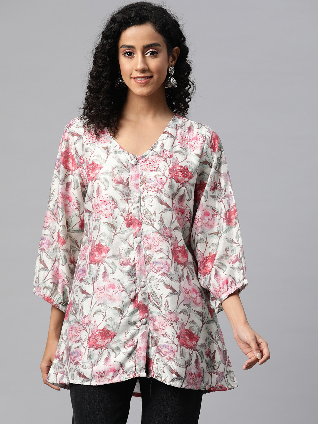 

Readiprint Fashions Floral Print Pure Silk Longline Ethnic Top, Pink