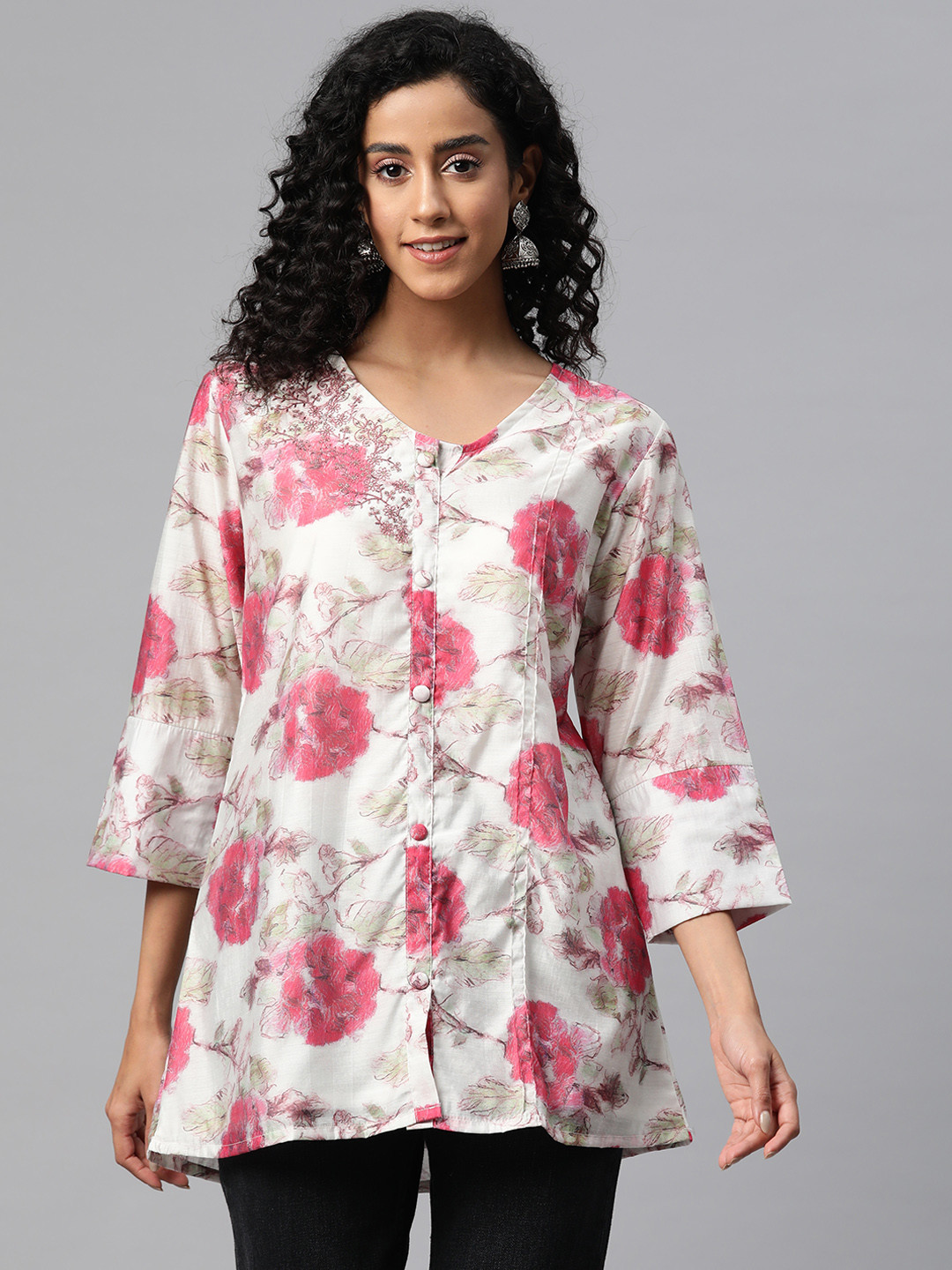 

Readiprint Fashions Floral Print Pure Silk Longline Ethnic Top, Pink
