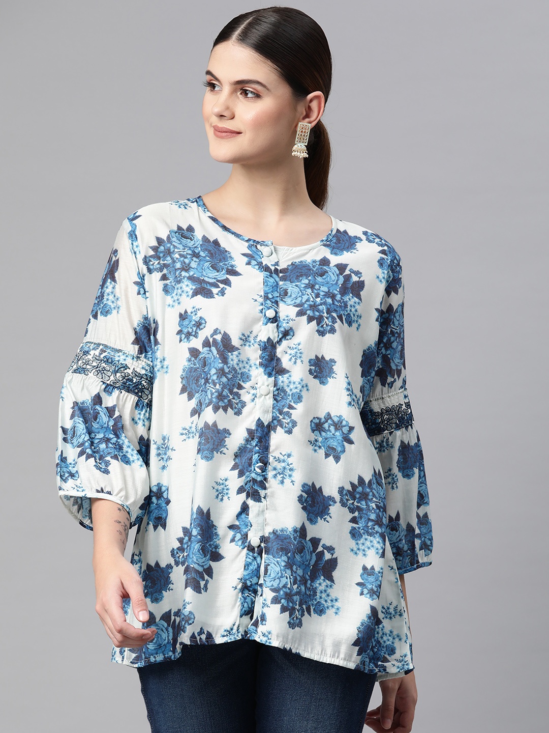 

Readiprint Fashions Floral Print Pure Silk Longline Ethnic Top, Blue
