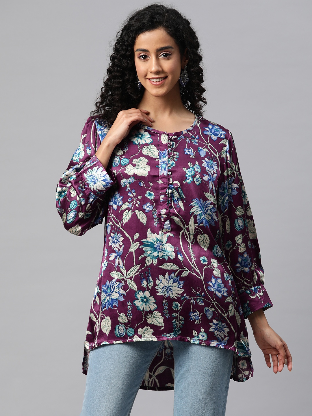 

Readiprint Fashions Floral Print Satin High-Low Longline Ethnic Top, Purple