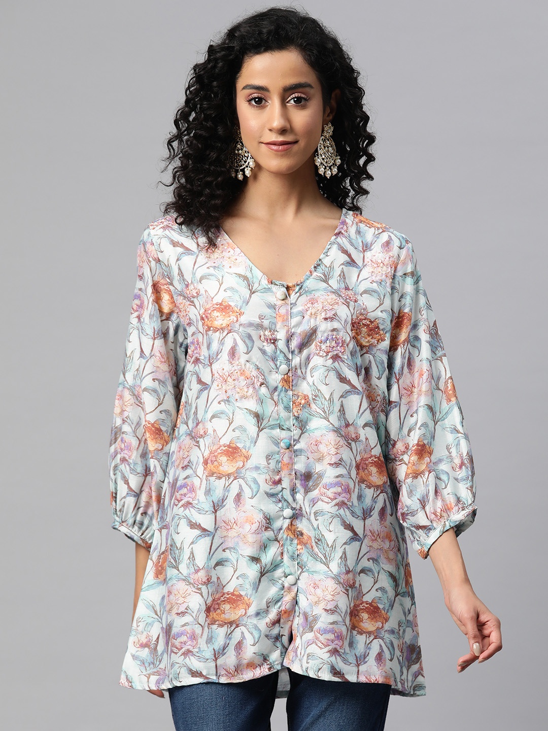 

Readiprint Fashions Floral Print Pure Silk Longline Ethnic Top, Grey