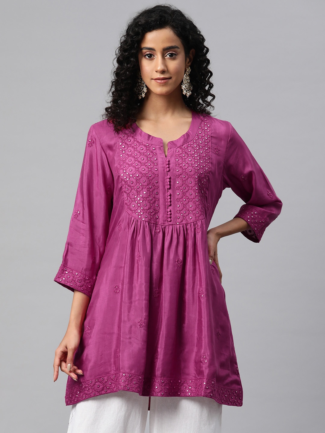 

Readiprint Fashions Floral Embroidered Pure Silk Longline Ethnic Top, Pink