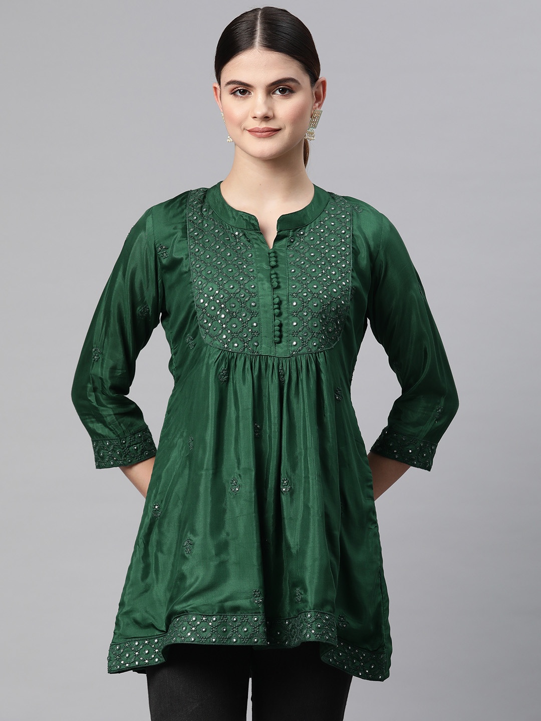 

Readiprint Fashions Floral Embroidered Mandarin Collar Pure Silk Longline Ethnic Top, Green