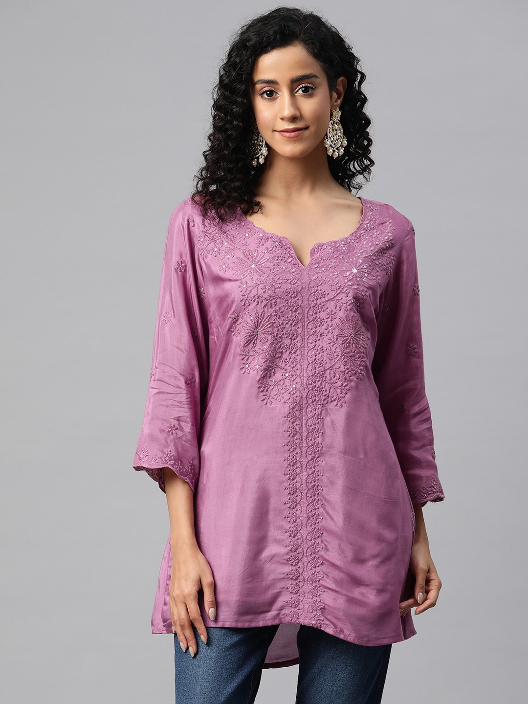 

Readiprint Fashions Floral Embroidered Pure Silk Longline Ethnic Top, Mauve