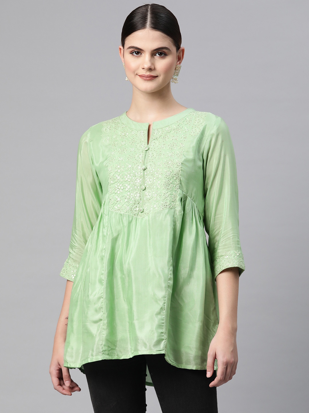 Readiprint Fashions Floral Embroidered Mandarin Collar Pure Silk Longline Ethnic Top, Green