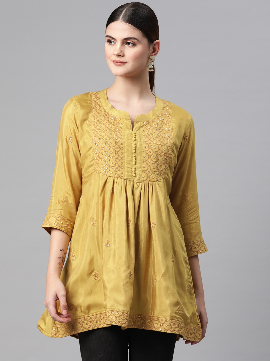 

Readiprint Fashions Floral Embroidered Pure Silk Longline Ethnic Top, Mustard