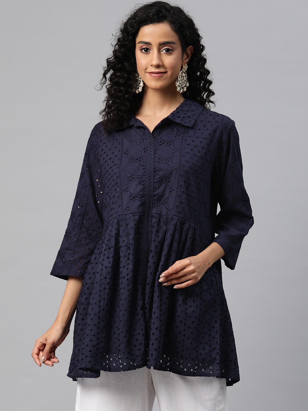 

Readiprint Fashions Schiffli Cotton Longline Ethnic Top, Blue