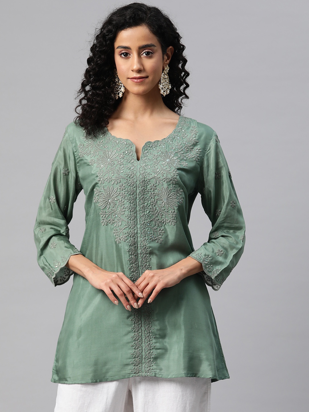 

Readiprint Fashions Floral Embroidered Pure Silk Longline Ethnic Top, Green