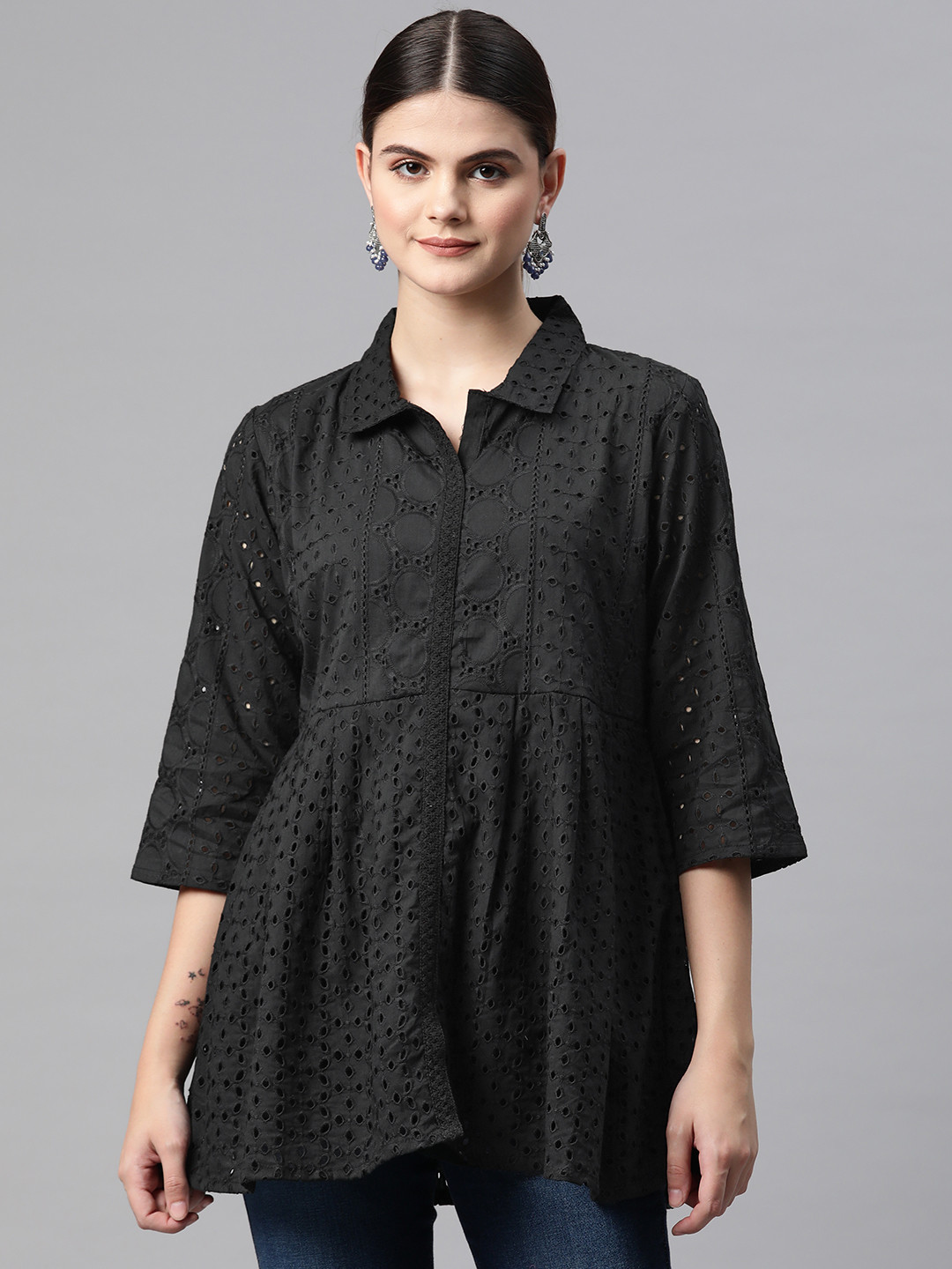 

Readiprint Fashions Schiffli Cotton Longline Ethnic Top, Black