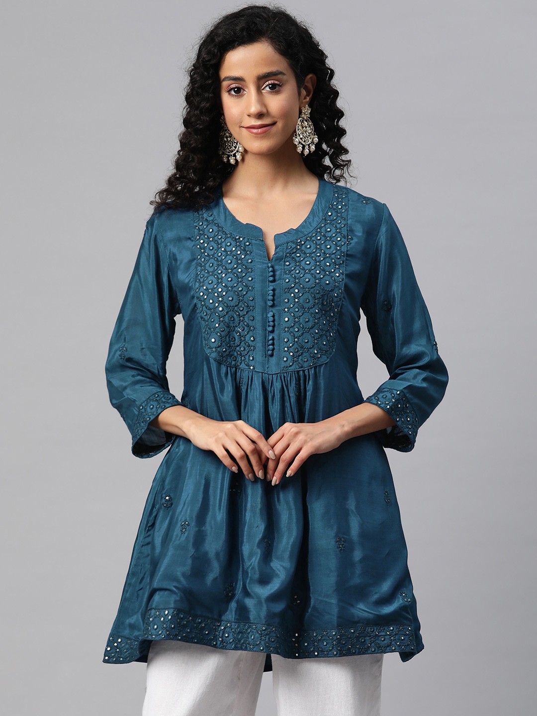 

Readiprint Fashions Floral Embroidered Pure Silk Longline Ethnic Top, Teal