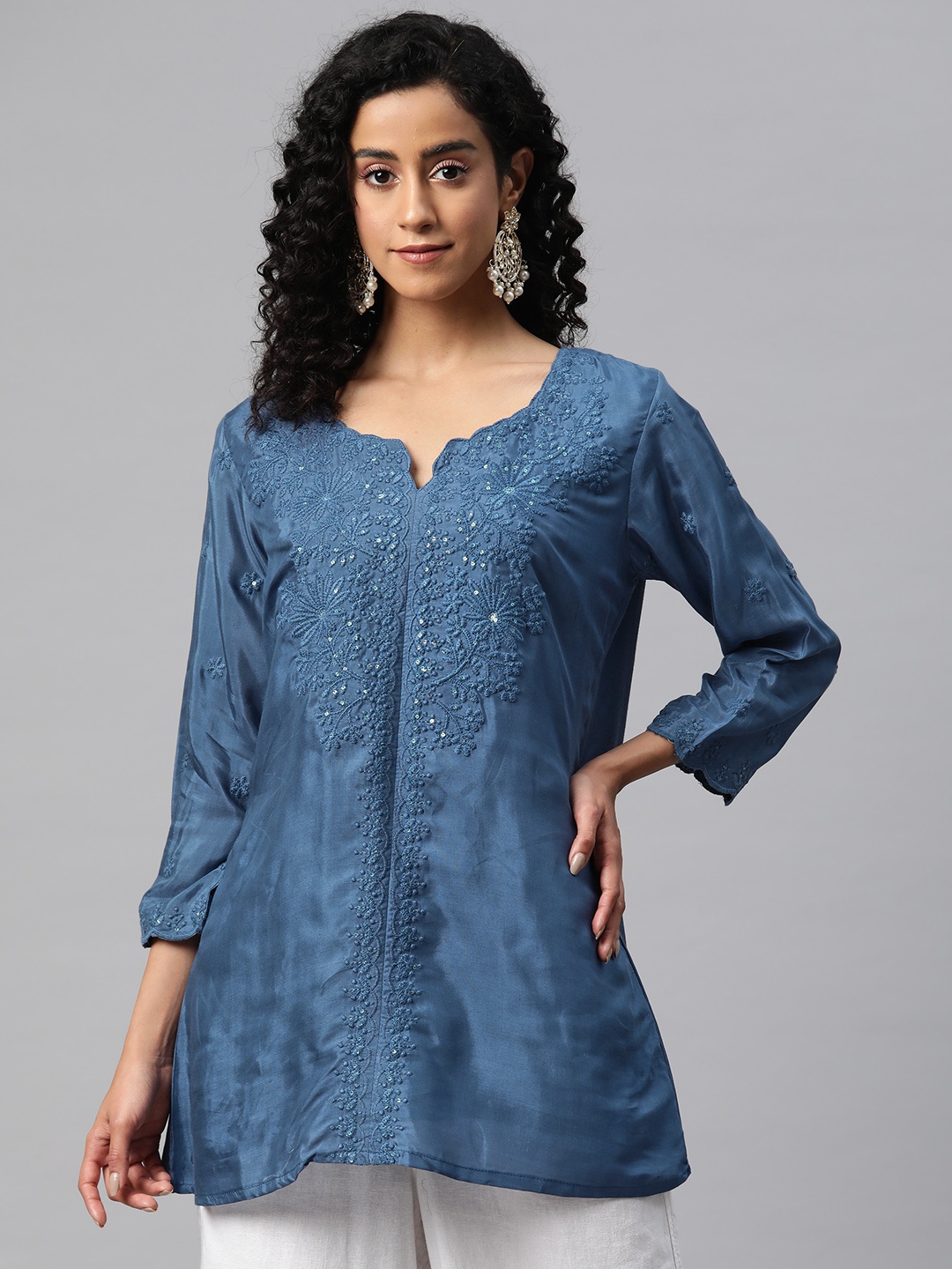 

Readiprint Fashions Floral Embroidered Pure Silk Longline Ethnic Top, Grey