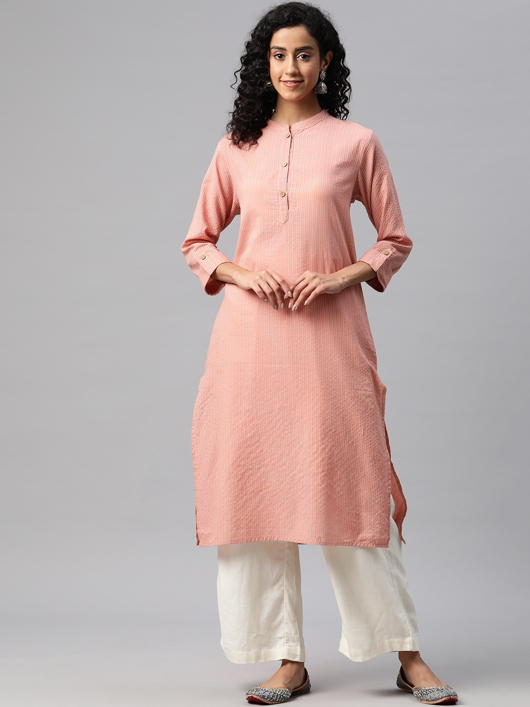 Readiprint Women Kantha Work Straight Kurta, Peach