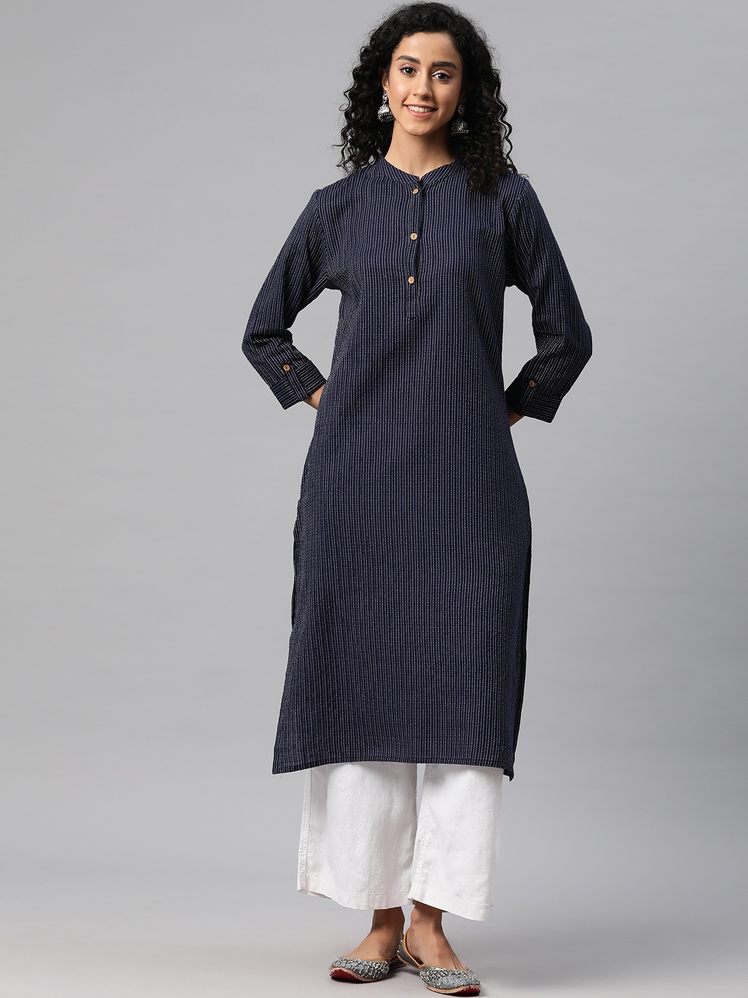 

Readiprint Women Kantha Work Straight Kurta, Blue