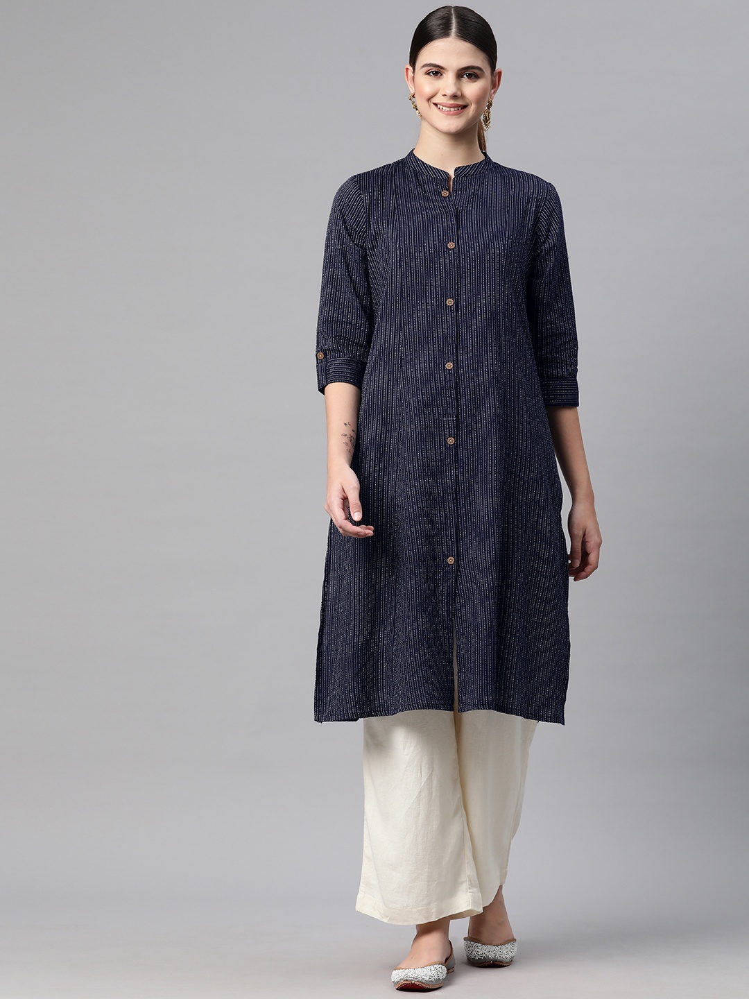 

Readiprint Women Kantha Work Straight Kurta, Blue