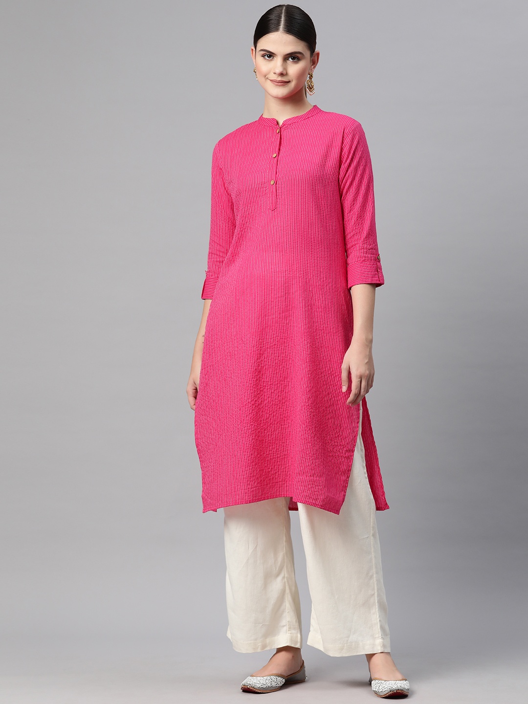 

Readiprint Women Kantha Work Straight Kurta, Pink