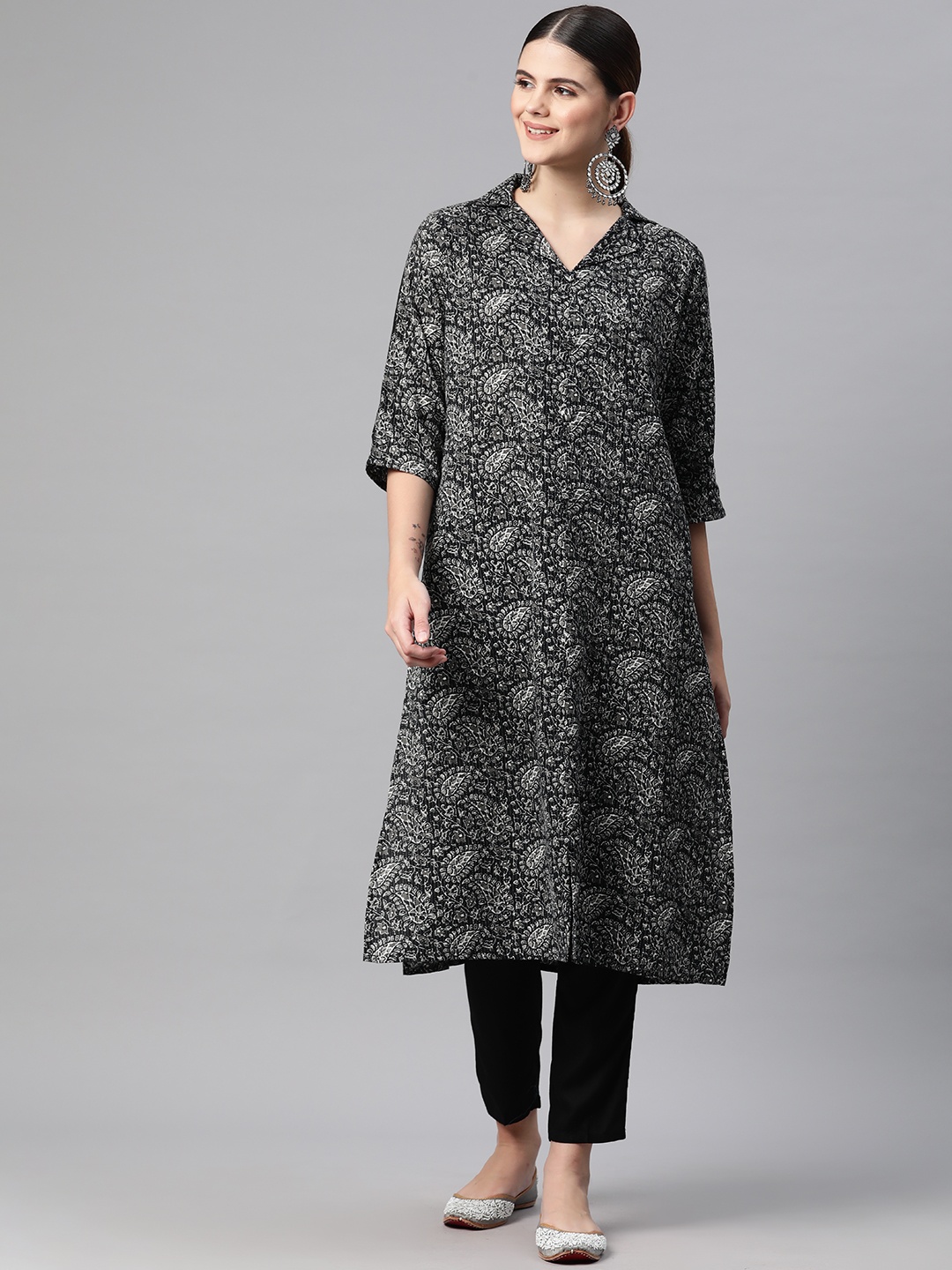 Readiprint Fashions Women Paisley Printed Kantha Work Kurta, Black