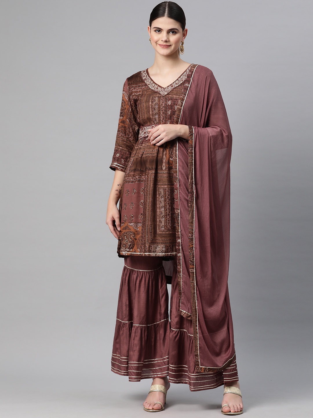 

Readiprint Fashions Women Printed Empire Gotta Patti Kurta with Sharara & With Dupatta, Brown