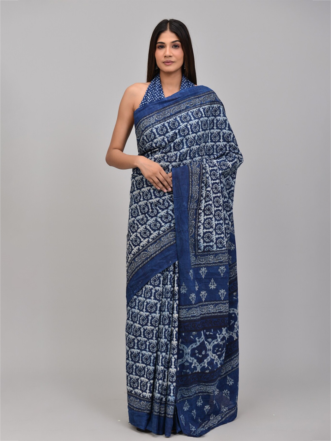 

KALINI Ethnic Motif Printed Pure Cotton Saree, Navy blue