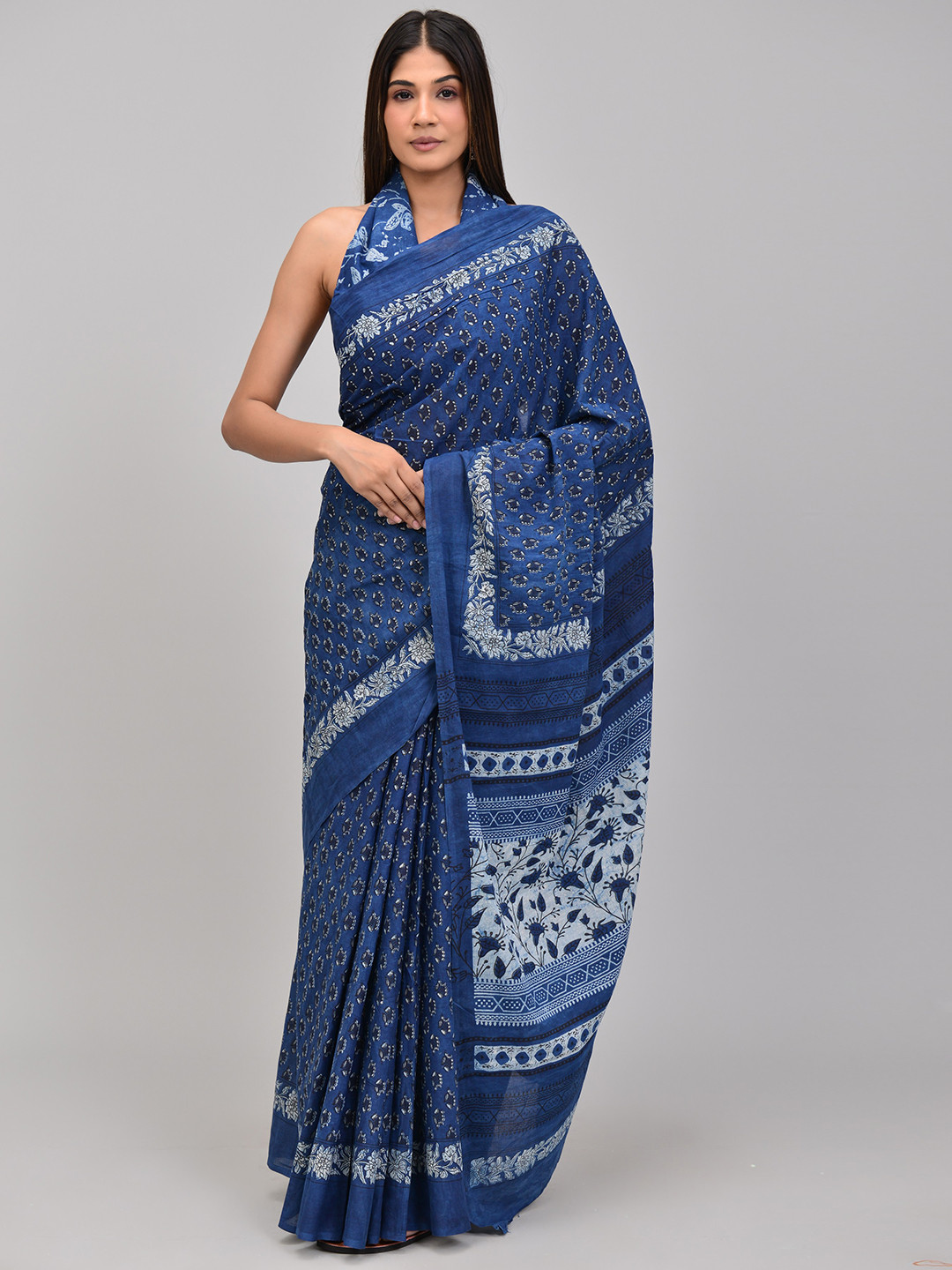 

KALINI Ethnic Motifs Pure Cotton Saree, Navy blue