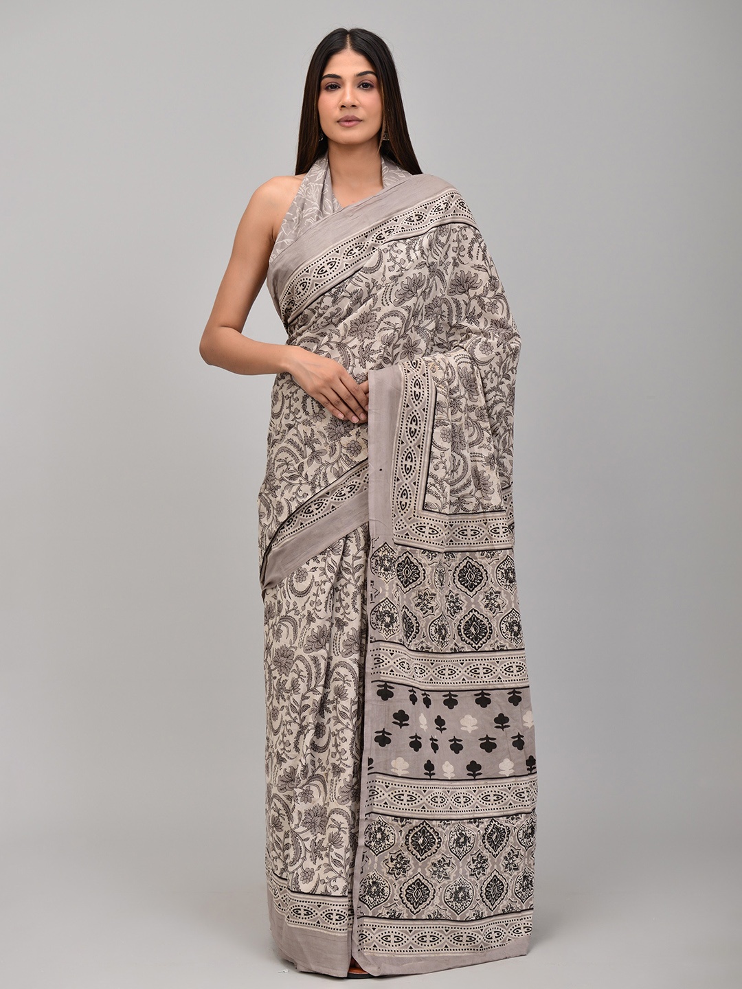 

KALINI Floral Printed Pure Cotton Saree, Beige
