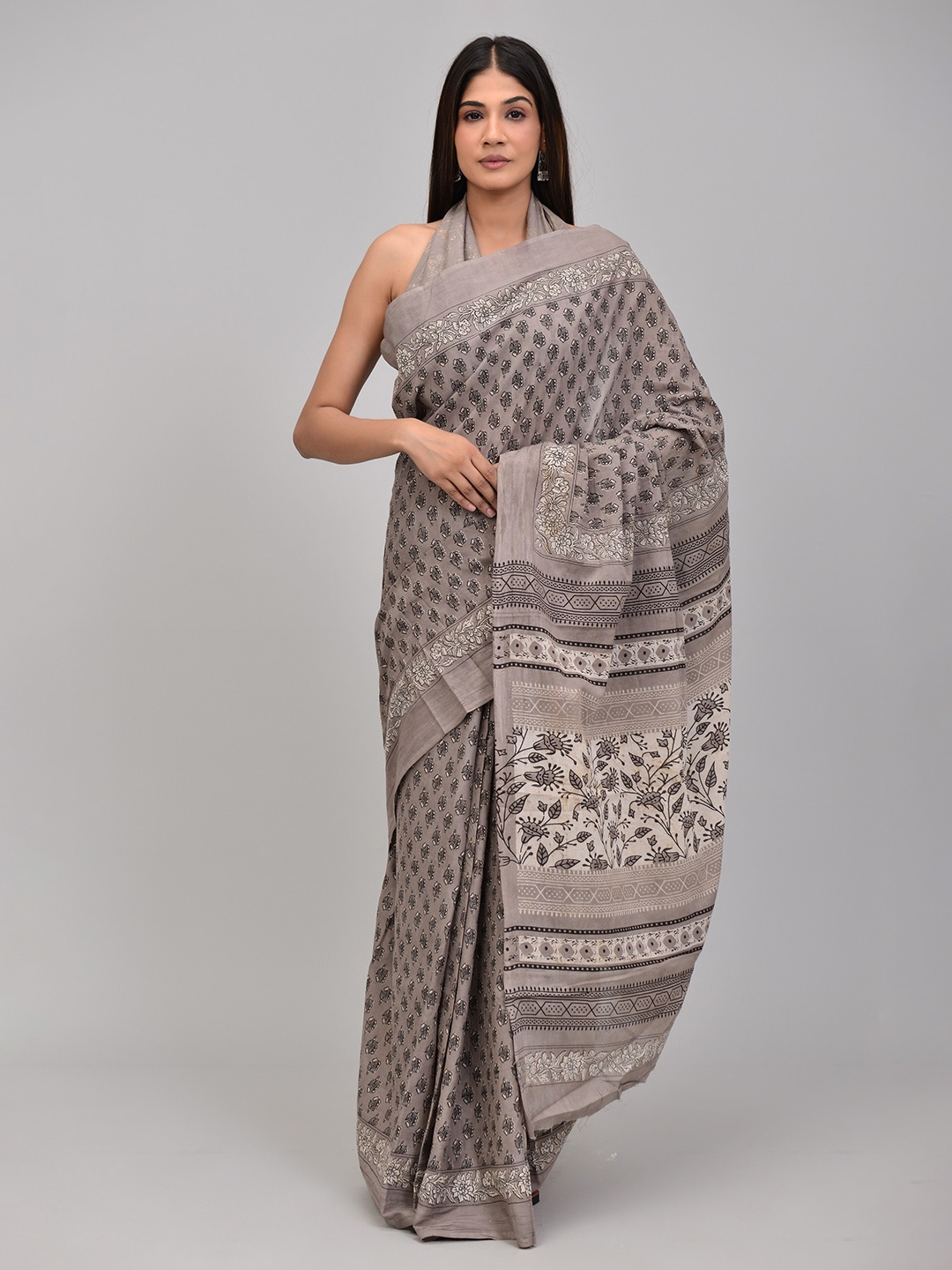 KALINI Floral Printed Pure Cotton Saree, Grey