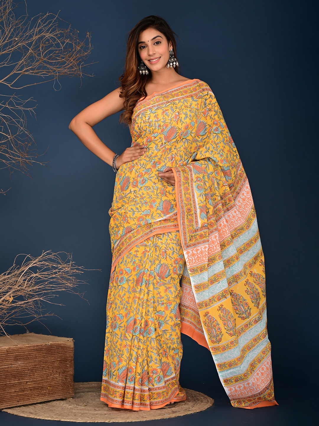 

KALINI Floral Printed Pure Cotton Saree, Mustard