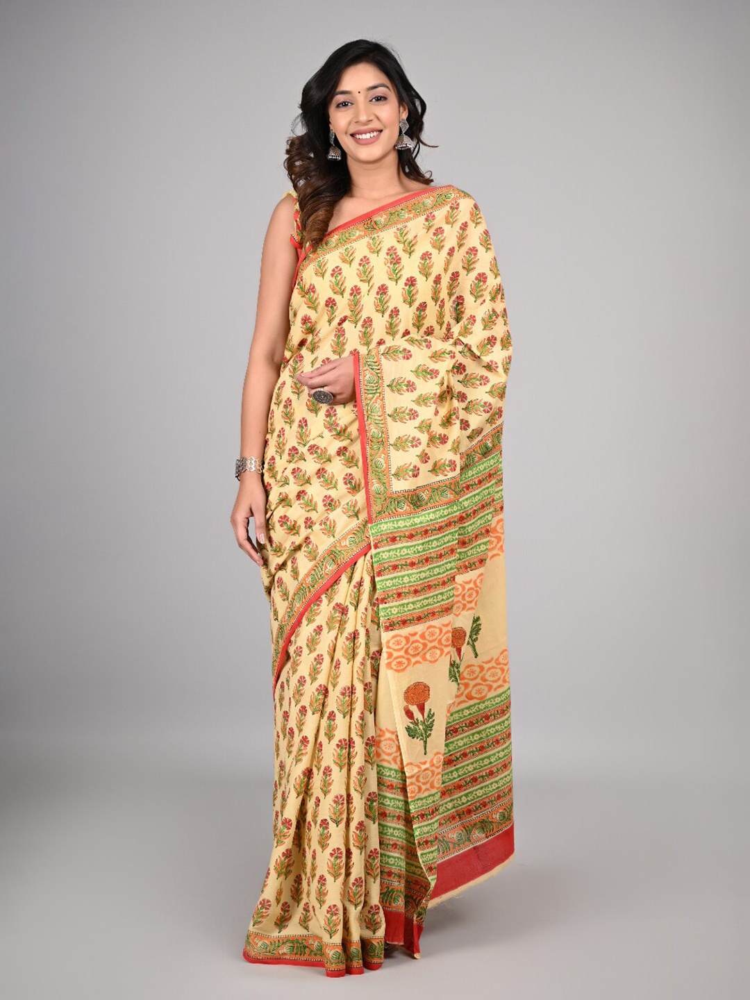KALINI Ethnic Motifs Printed Pure Cotton Saree, Green