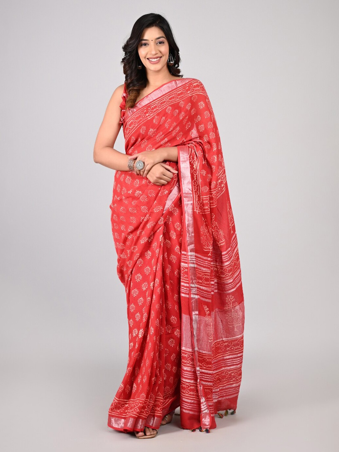 

KALINI Ethnic Motif Printed Pure Cotton Saree, Red