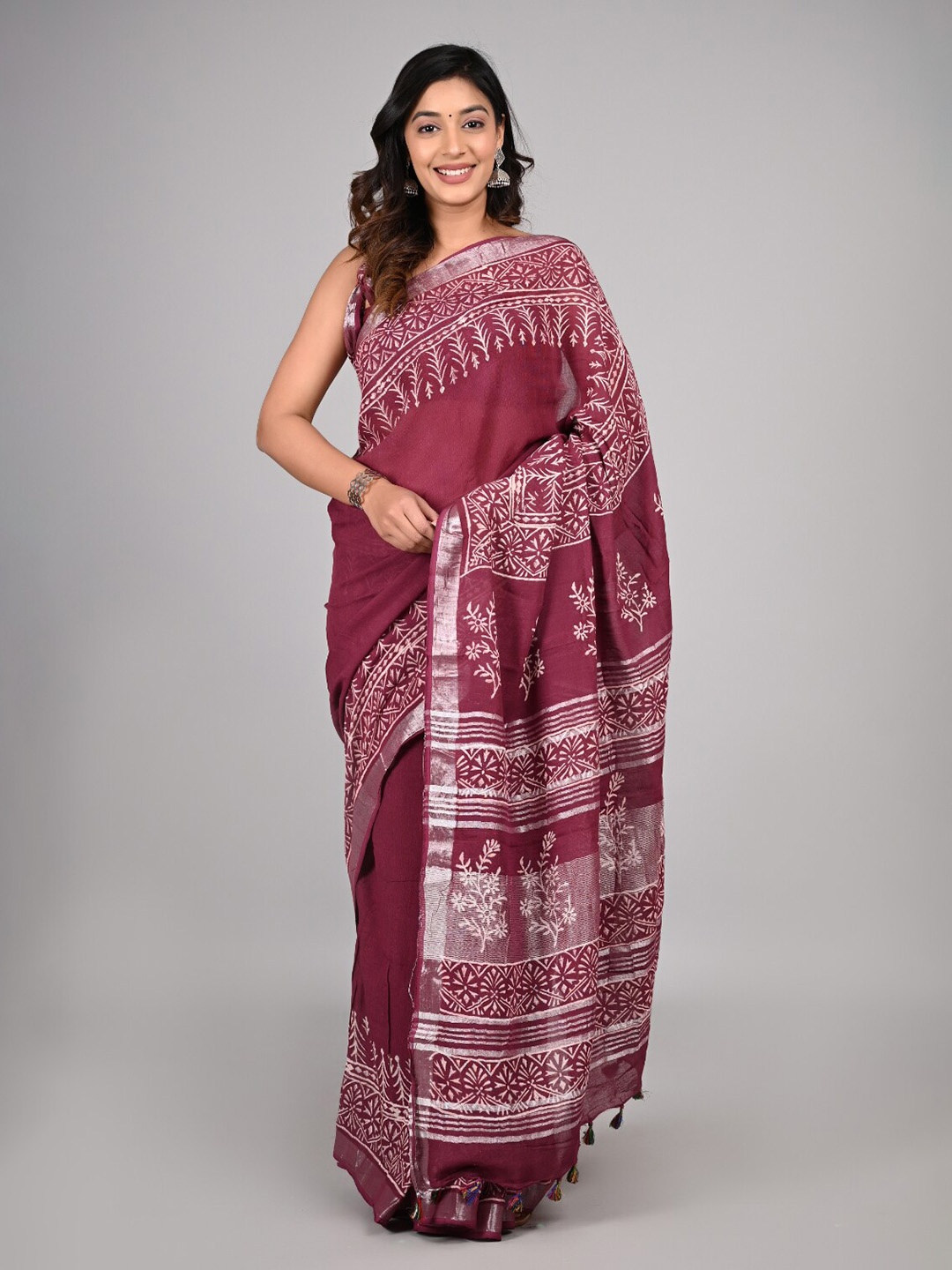 KALINI Zari Pure Cotton Saree, Maroon