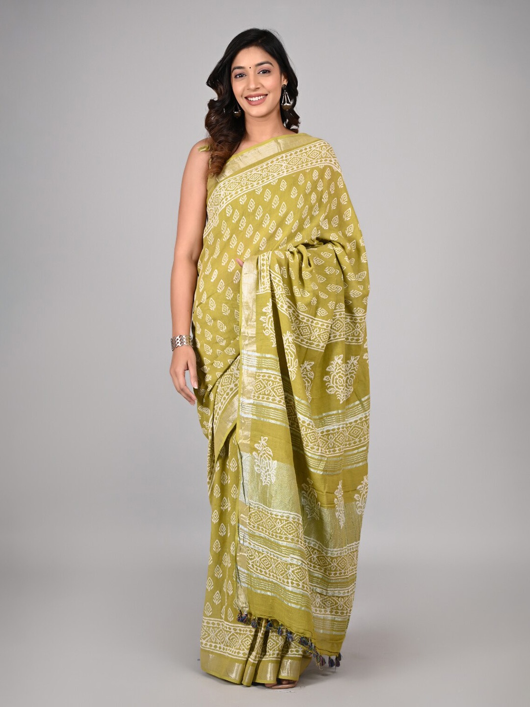 

KALINI Ethnic Motifs Printed Zari Pure Cotton Saree, Olive