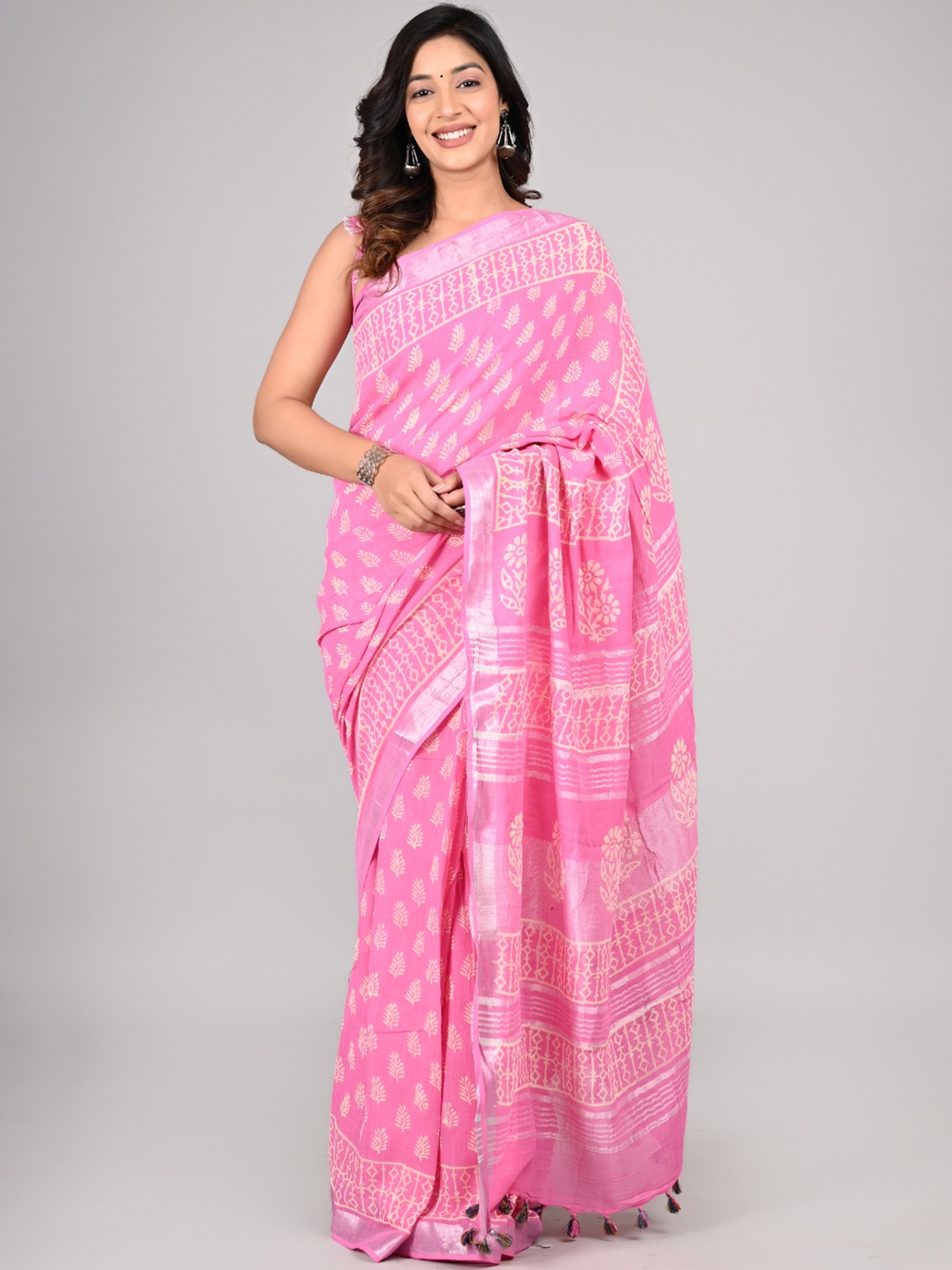 

KALINI Ethnic Motifs Zari Pure Cotton Saree, Pink