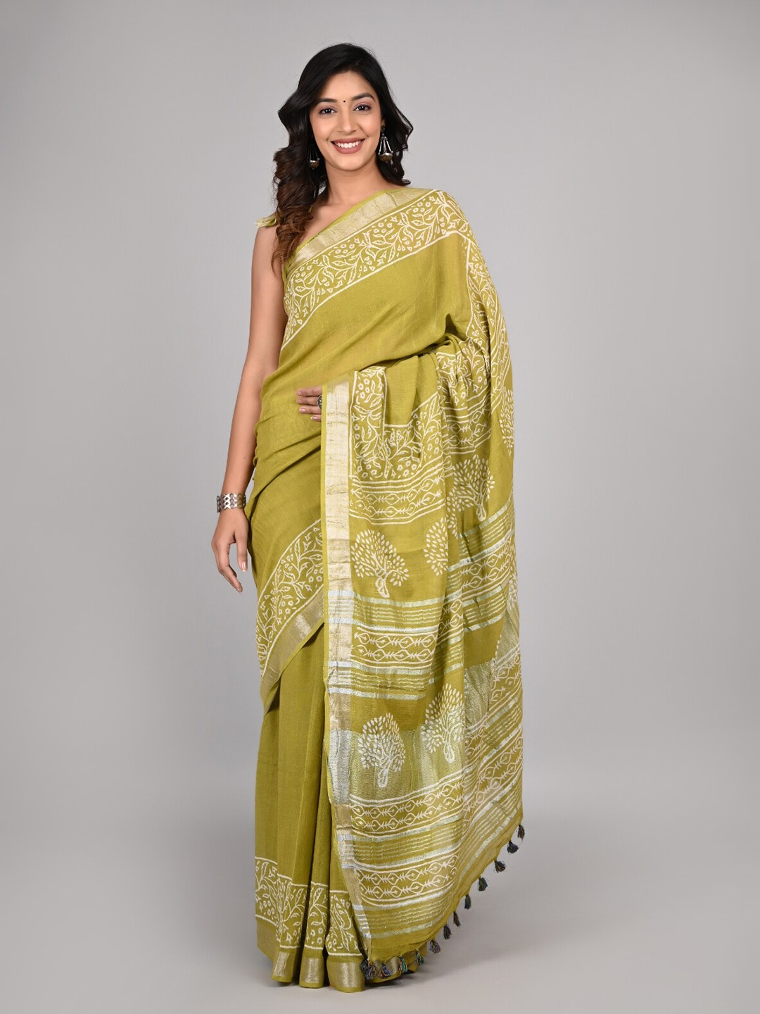 

KALINI Zari Pure Cotton Saree, Olive