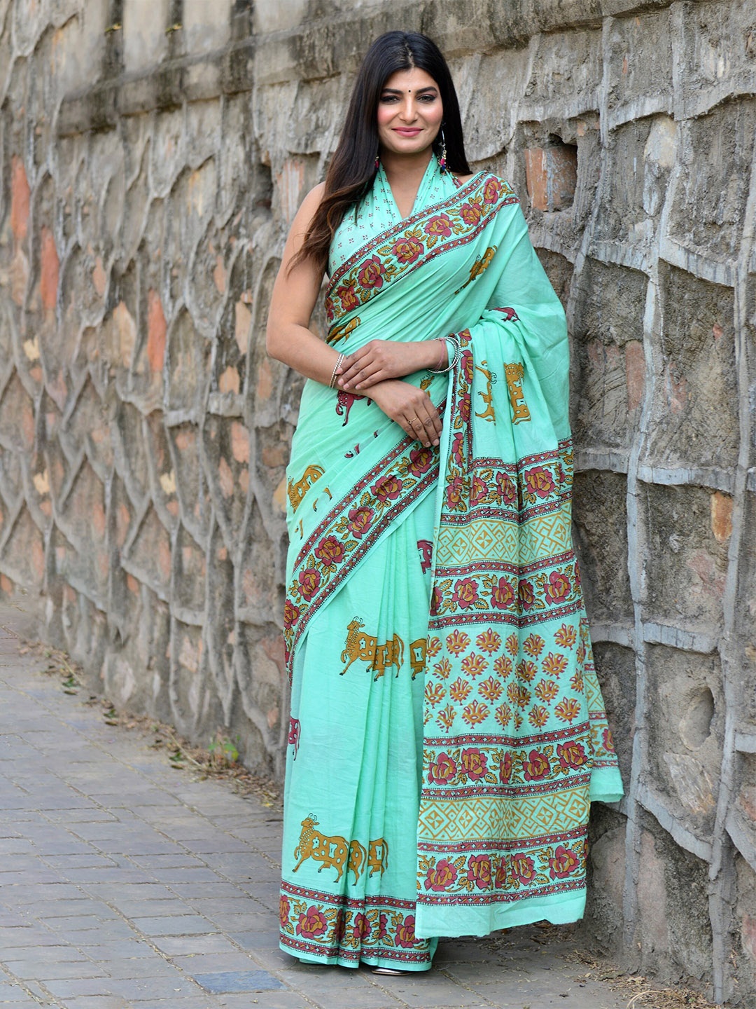 

KALINI Ethnic Motifs Printed Pure Cotton Saree, Sea green