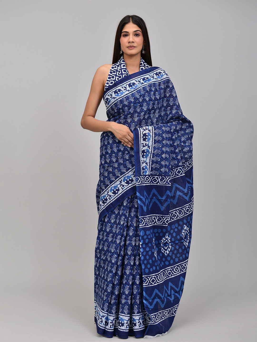 

KALINI Ethnic Motifs Printed Pure Cotton Saree, Navy blue