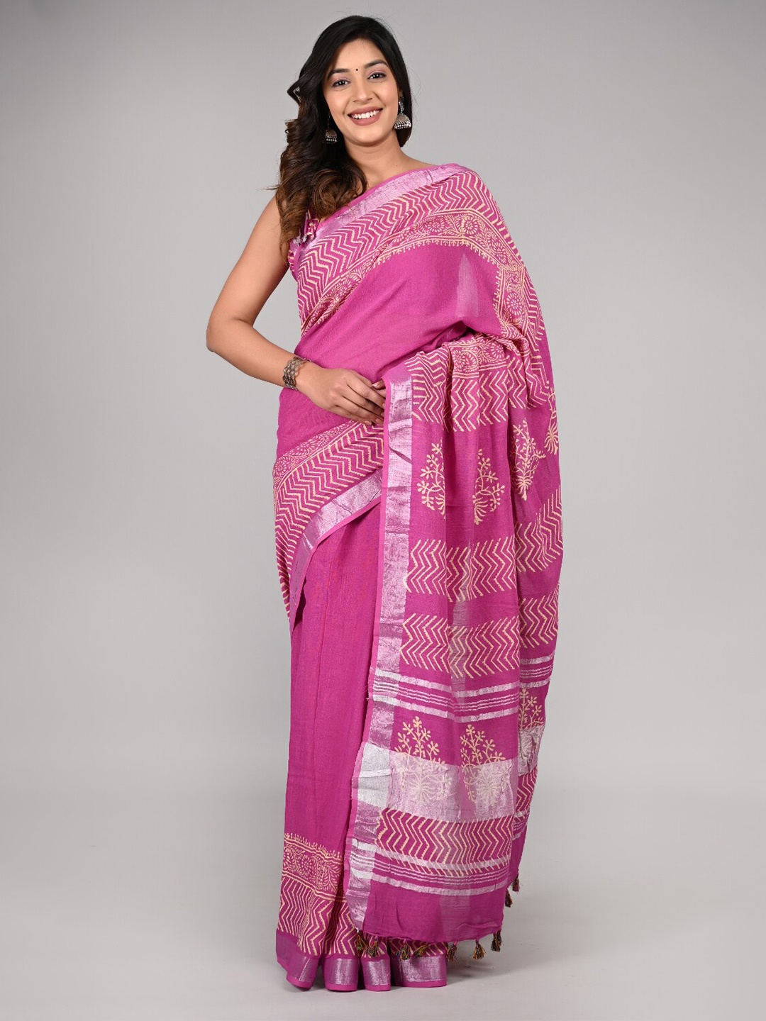 

KALINI Printed Zari Pure Cotton Saree, Pink