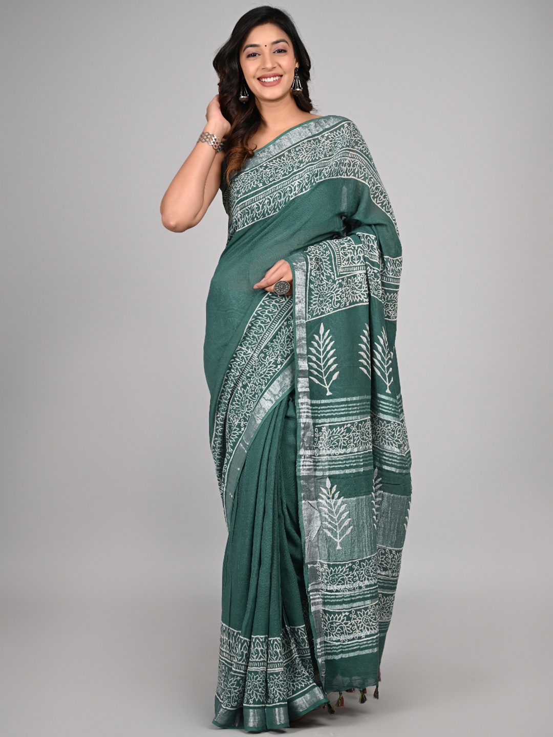 

KALINI Ethnic Motifs Pure Cotton Saree, Green